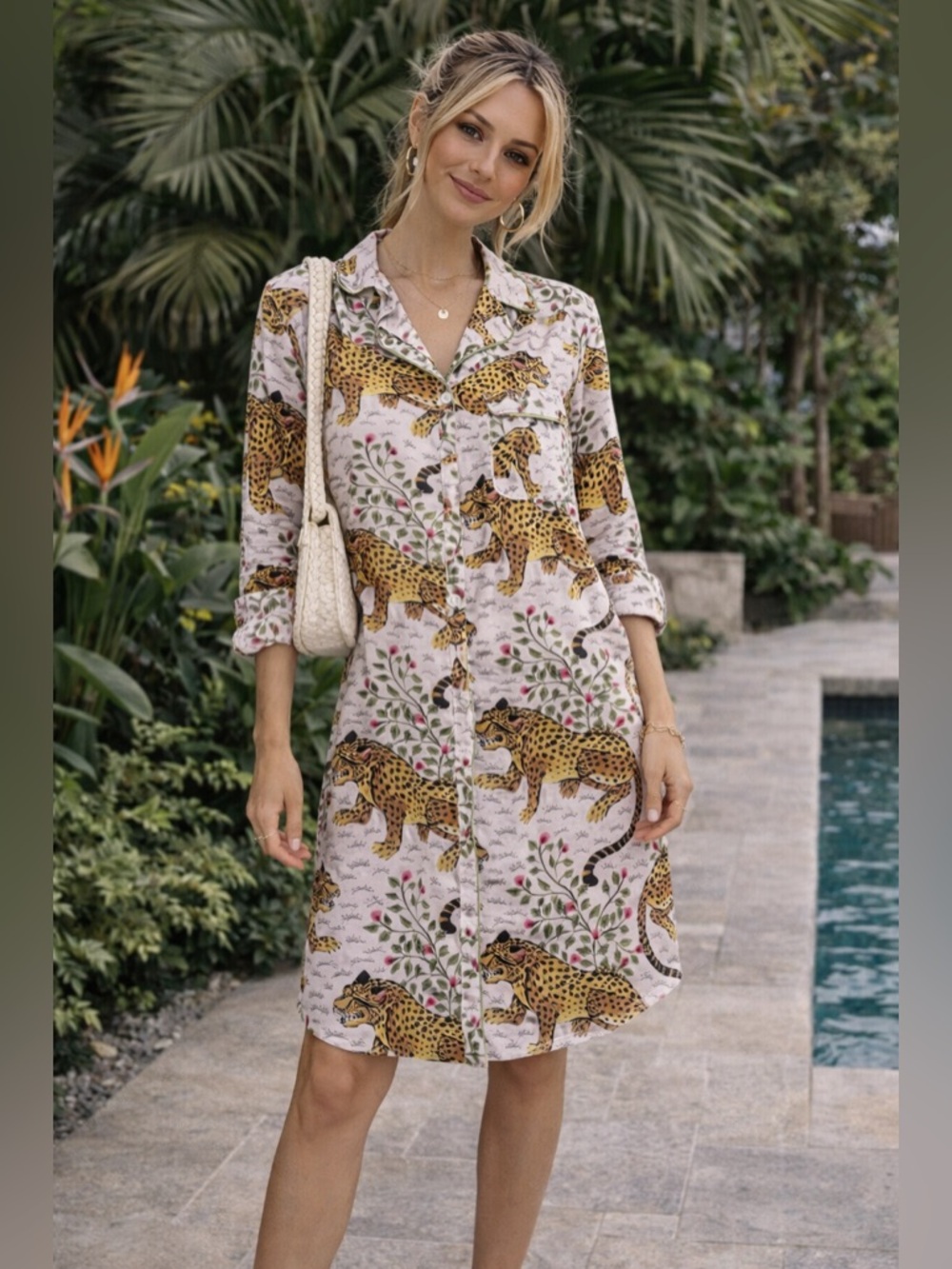 Printfresh Pink Floral & Leopard Button-Down Sleep Shirt/Tunic Top | Size L